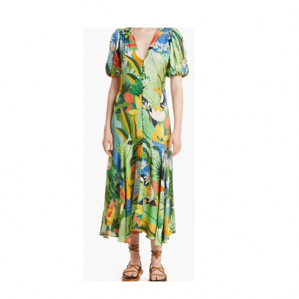 FARM Rio Vintage Toucans Plunge Neck Midi Dress
